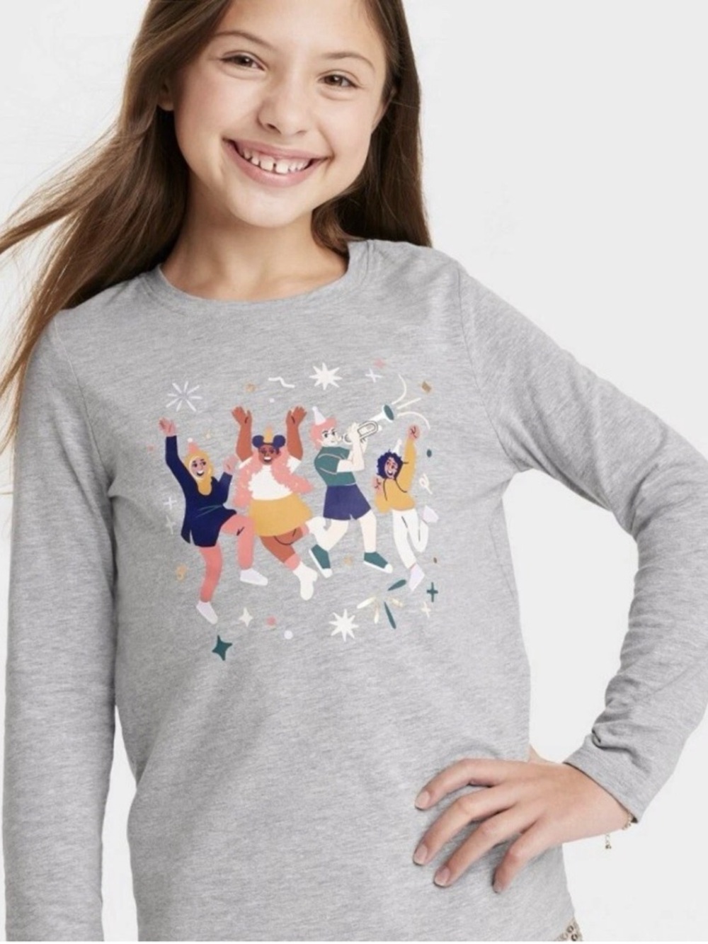 ✨Cat & Jack KIDS Gray Long-Sleeve Tee with Colorful Friends Graphic NWT